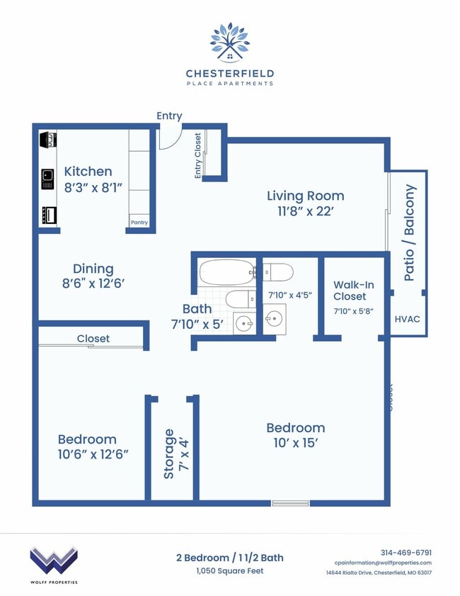 Chesterfield Place Apartments Two Bedroom Deluxe Floor Plan - Chesterfield Place Apartments