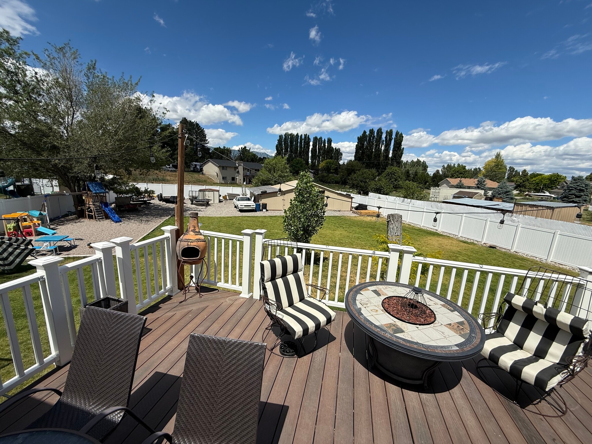 View of play area and sandbox as well as deck. - 3835 S Main St