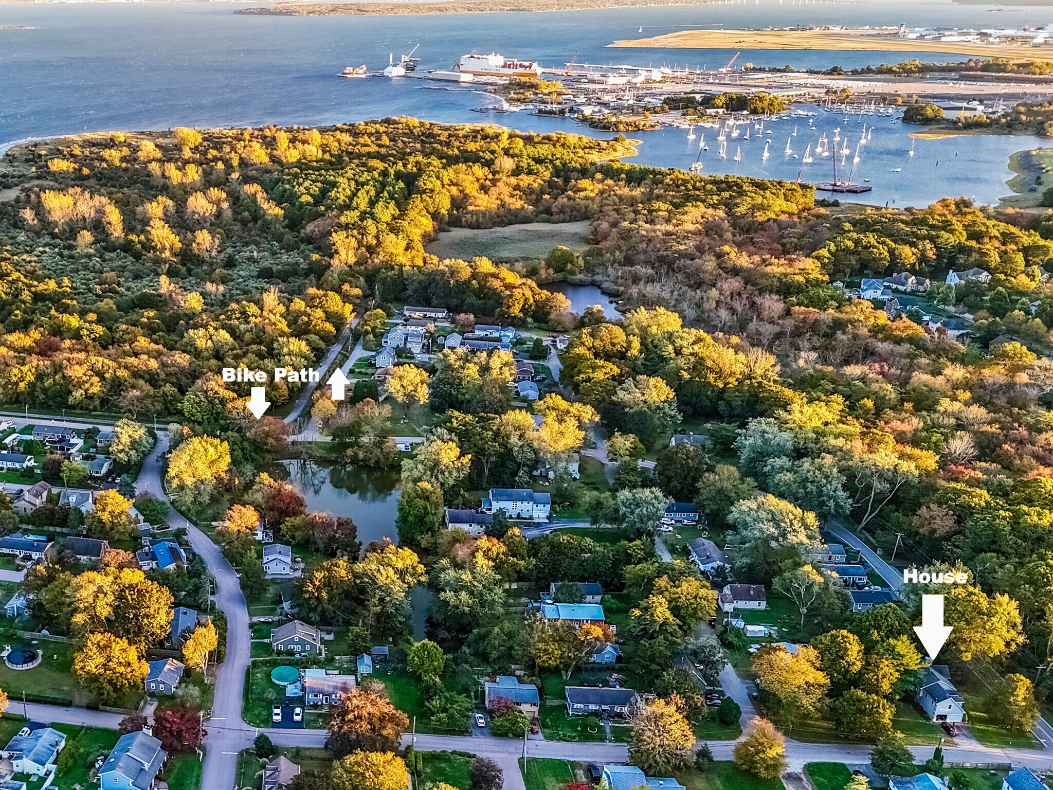 Aerial view of neighborhood with access to two private beaches and bike path - 278 Harrison St