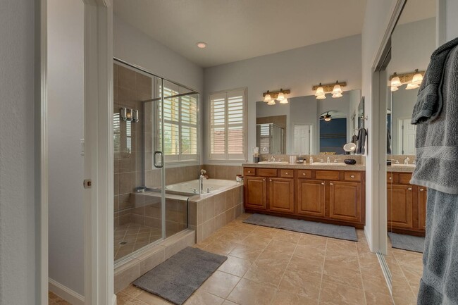 Ensuite master bath with walk-in shower, large jetted tub, and dual sink vanity - 1698 Gemtown Dr