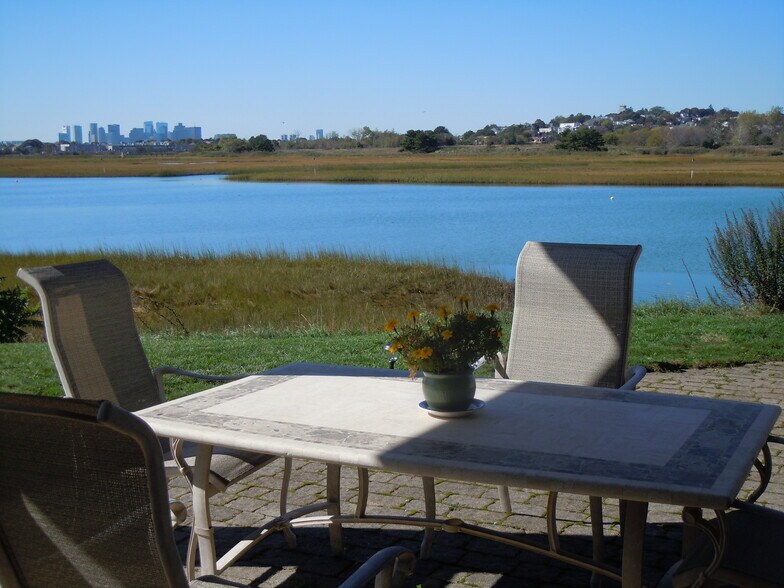 view of tidal ocean inlet and downtown Boston from patio table - 103 Summer St