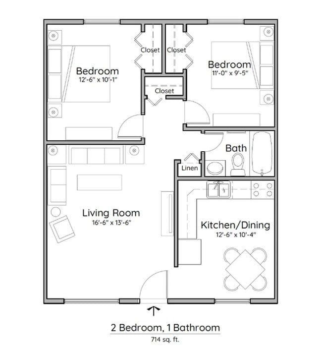 3 Bedroom, 1 Bath Floorplan - Crestone Apartments