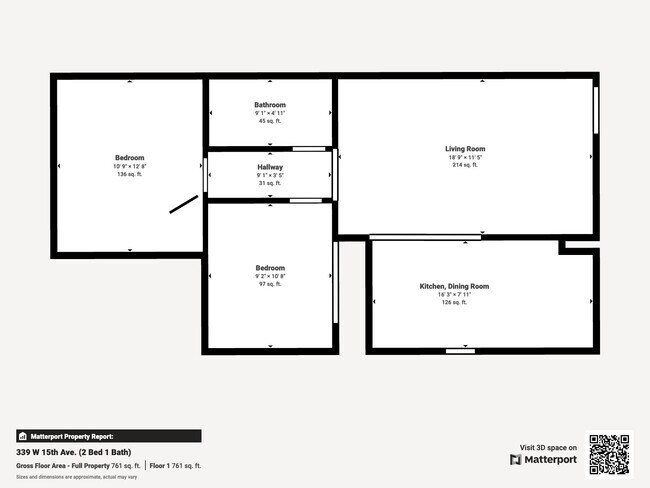 2-bedroom 1 bath floorplan - 339 W 15th Ave Apts