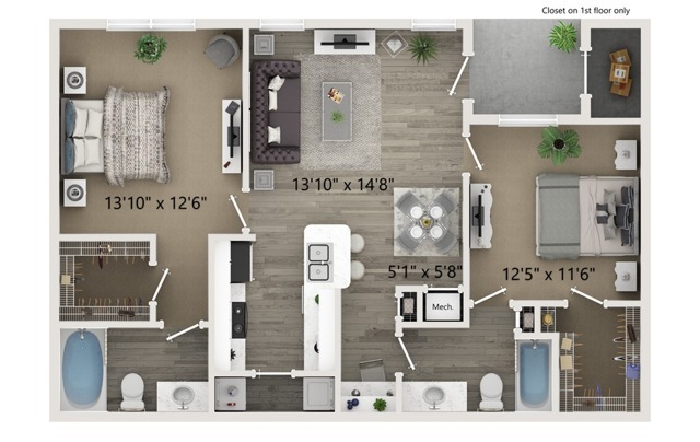 Two Bedroom Two Bath Floor Plan - Halston World Gateway Apartment Homes