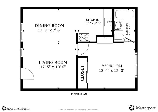 Floor Plan - 1BR, 1BA - 465SF - Chanteclair Apartments