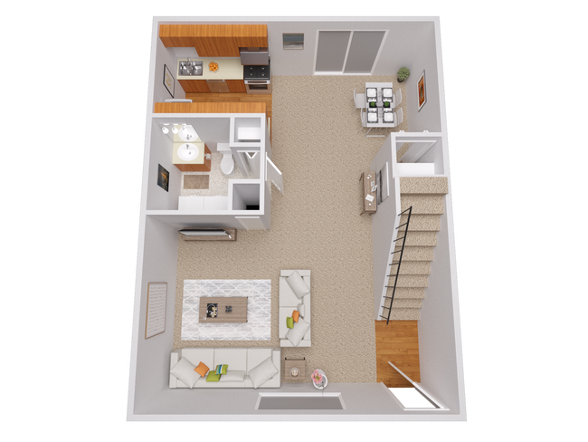 Explore this thoughtfully designed apartment layout with an inviting living area and sleek kitchen. - Greenbriar Commons