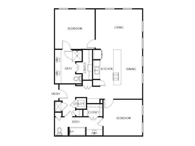 Two bedroom, two bathroom apartment with a spacious kitchen, living, and Dining area. Featuring Hardwood-style flooring and quartz countertops. - Instrata