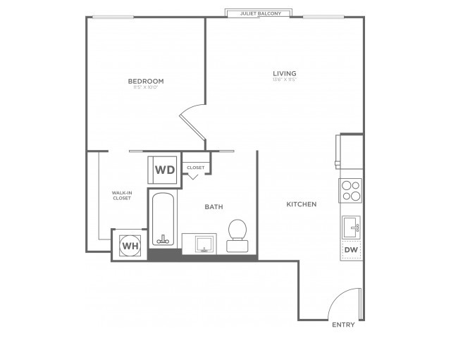 One Bedroom One Bath (595 SF) - The Aspen