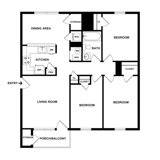 The Claymont - 3 Bedroom, 1 Bath, 1024-1039 sq. ft. - Pleasant View Apartments