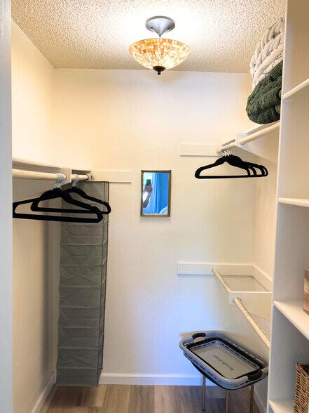 Walk-in closet with a clothes hamper, shoe rack, hangers, luggage rack and additional shelving. - 220 Woodland Pky