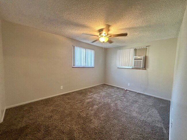 Spacious bedroom featuring plush carpeting, natural light from two windows, and a ceiling fan for comfort. - Boardwalk Apartments