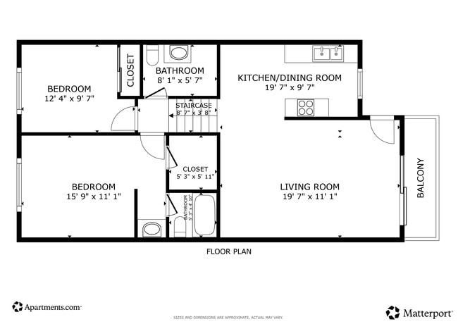 Floor Plan - 2BR, 1.5BA - 900SF - Brentwood Apartments