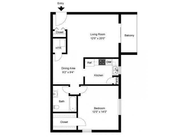 One bedroom floor plan - OakTree Apartments