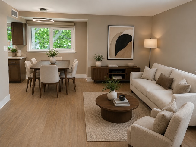 Spacious living and dining areas with modern finishes at Garden Court Apartments. - Garden Court