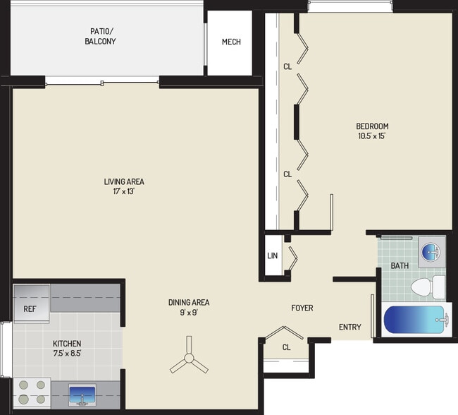 1 BR/ 1 BA (Style B2) | 695 sq. ft. - Columbia Park Apartments