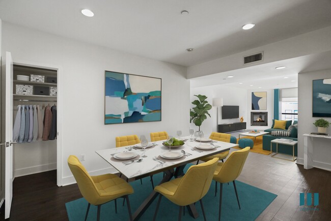 Dining and Living Room with Hall Closet, Fireplace, Vinyl Flooring, and Recessed Lighting - Darlington Center by Wiseman