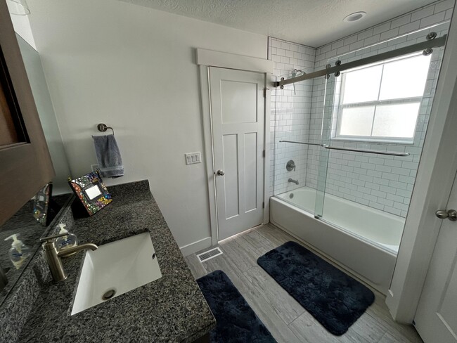 Granite counter, and heavy glass barn door shower/bath. - 361 W Reed Ave