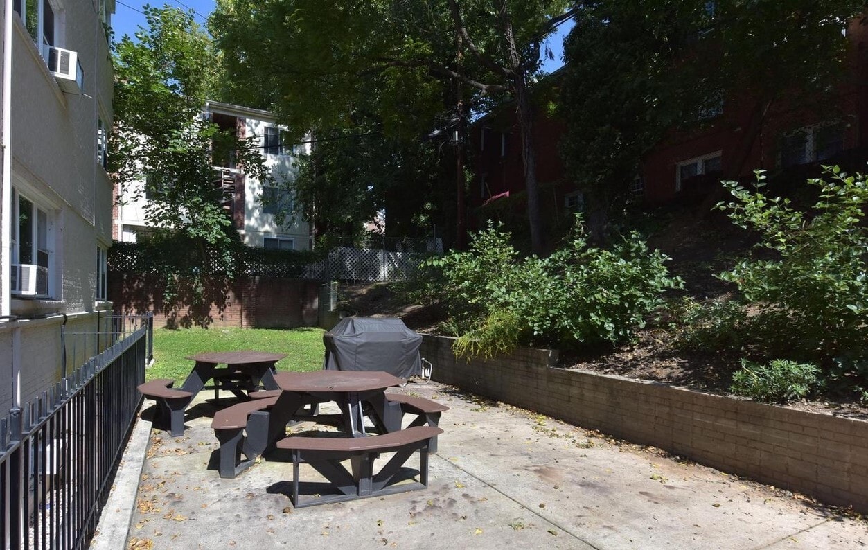 Back patio with grill and tables, open for all building residents - 2339 40th Pl NW