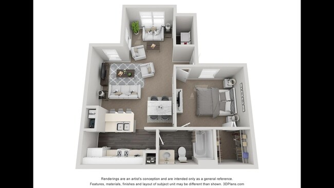 A 3D rendering of The Camelia floor plan, a one bedroom one bathroom - Eden Pointe