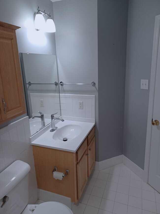 Main bathroom with warm maple vanity, large mirror and storage - 116 E Moreland Ave