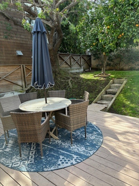 Backyard w/ Outdoor Table on Deck - 3409 Pacific Ave