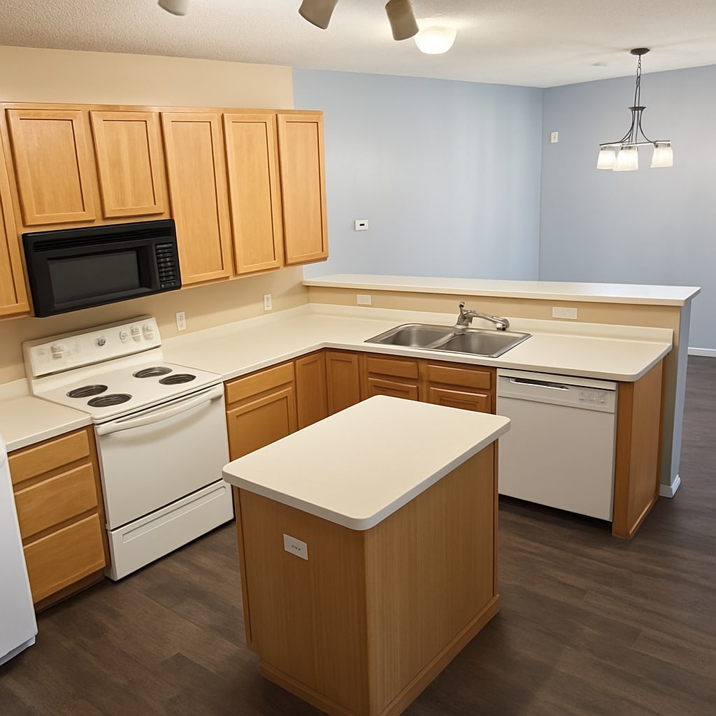 Kitchen with island off of garage - 13040 Europa Trail Way N