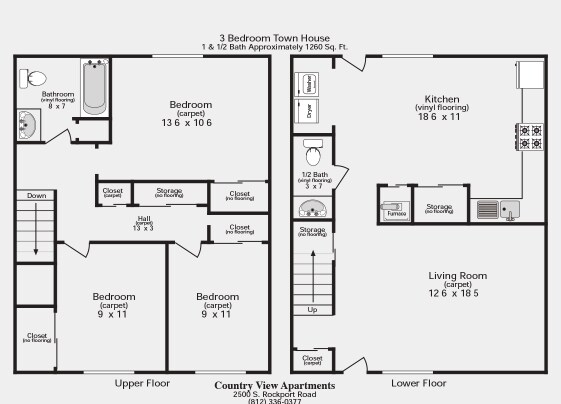 3 BR Town House approx 1260 - Country View Apartments