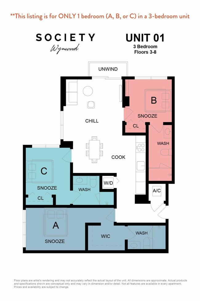 Unit 01 - 3 Bedroom RBB - Society Wynwood