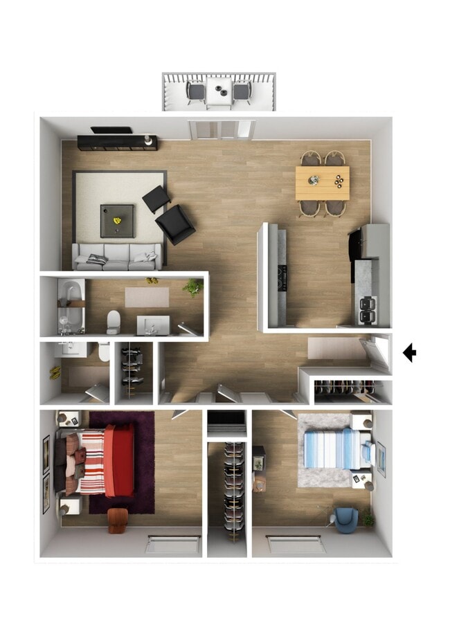Contemporary open-concept floor plan featuring two cozy bedrooms, a sleek modern kitchen, spacious living and dining area, plus a charming balcony. - University Village