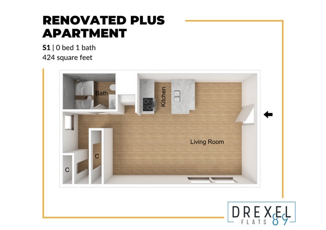 424 sq ft Studio 1 bath - Drexel Flats