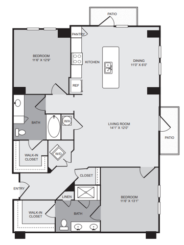 2 bedroom 2 bath apartment with kitchen island, dining area, patio, walk in closet and 1295 sq ft - Cantabria at Turtle Creek closed