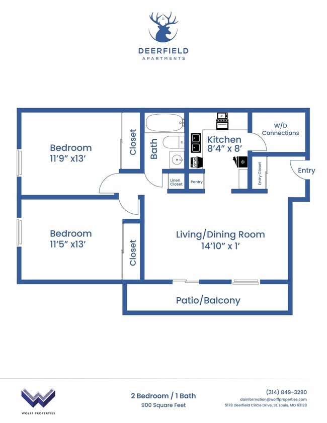 Two Bedroom, One Bathroom - Deerfield Apartments