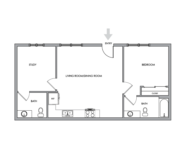 2D Floor Plan Rendering - Two-Bedroom, Two-Bathroom | Option 1 - Breeze Hill