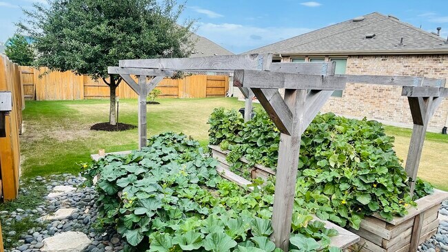 Raised garden (2’) w/ bench-like sides for sitting and a vine-running top. Currently full of melons - 7108 Garnet Mill Ln