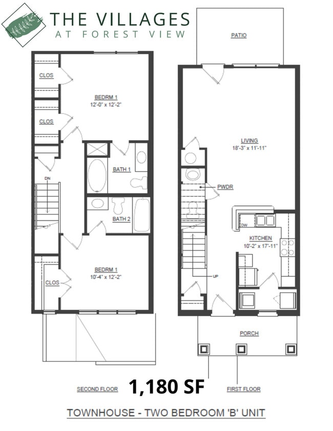 1,180 SF Townhouse Two Bedroom 'B' - Villages at Forest View