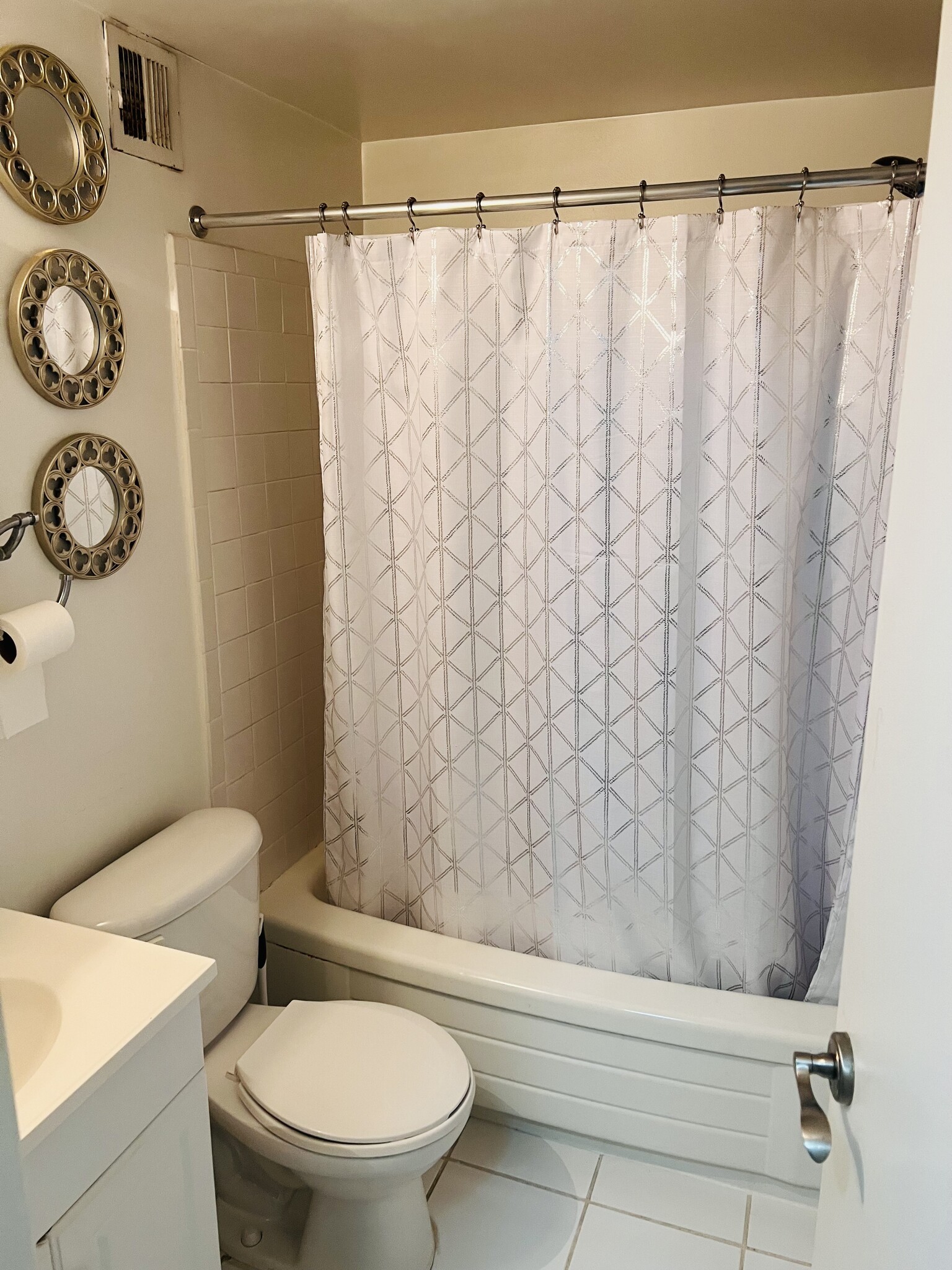 Bathroom with current tenants’s decorations - 12 S Van Dorn St