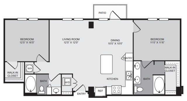 2 bedroom 2 bath apartment with kitchen island, dining area, patio, walk in closet and 1173 sq ft - Cantabria at Turtle Creek closed