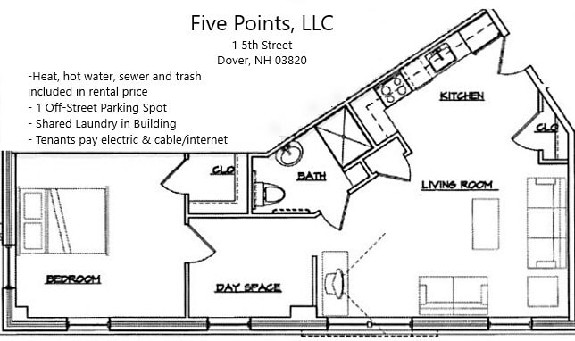1 Bedroom 1 Bathroom 03 Floorplan - 5 Points