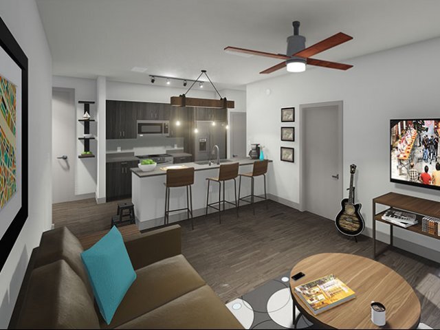 Student-style living room and kitchen - Northside Apartments