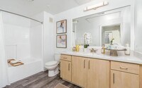 Modern Bathroom with Light Wood Vanity and Large Mirror - Villas at the Gardens