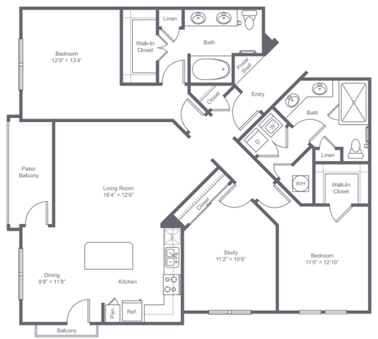 3 bedroom 2 bath apartment with optional study in place of 3rd bedroom, dining area, kitchen island, private patio and 1452 square feet - Park Central at Flower Mound