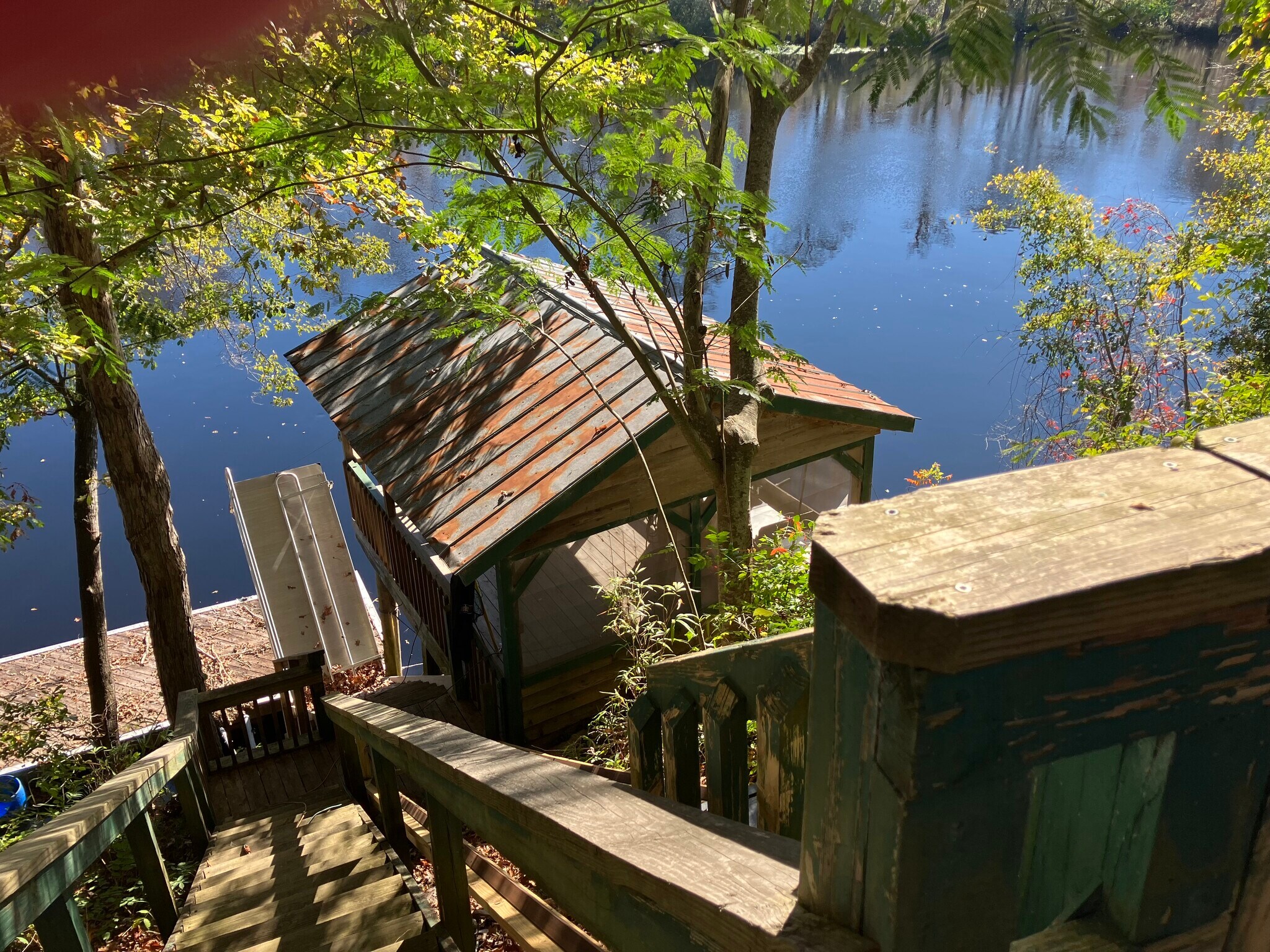 View from upper deck to lower deck and river - 432 Apache Rd