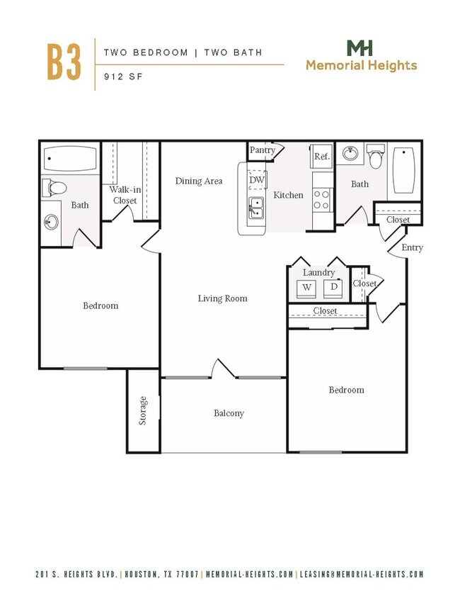 B3 Floorplan, Two Bedroom Two Bath - Memorial Heights at Washington