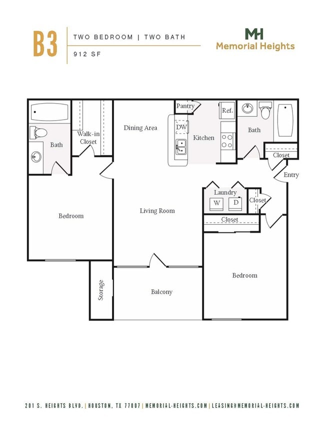B3 Floorplan, Two Bedroom Two Bath - Memorial Heights