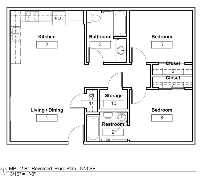 Two Bedroom Reversed Floor Plan - Three Sisters Apts - Income Restrictions