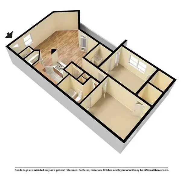 2 BR 2 Ba 1052 sq ft Floor Plan - Orchard Club Apartments