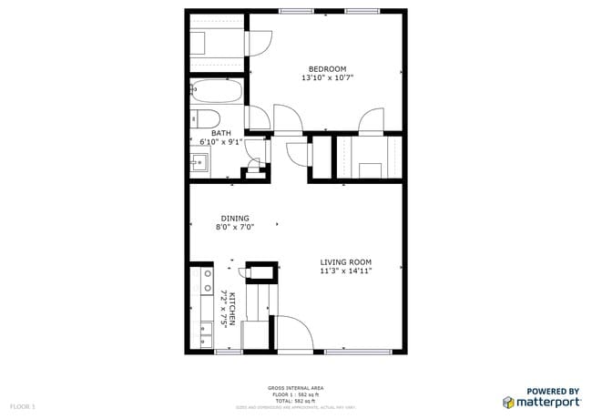 1 Bedroom 1 Bath Floor plan - Spring Creek Apartments