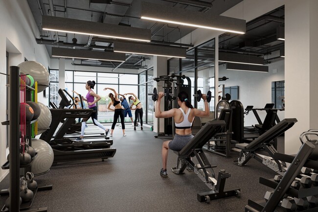 Gym with cardio equipment, weights, treadmills and yoga/workout area - Skylar At Sunset