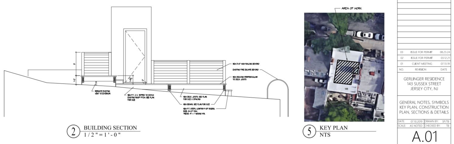 Deck plans and aerial view of deck on roof top - 143 Sussex St