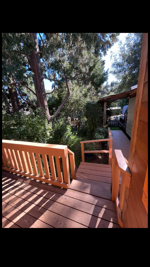 View from deck to small yard with oaks and incense cedars, front left and walkway to parking on righ - 1417 Old Topanga Canyon Rd